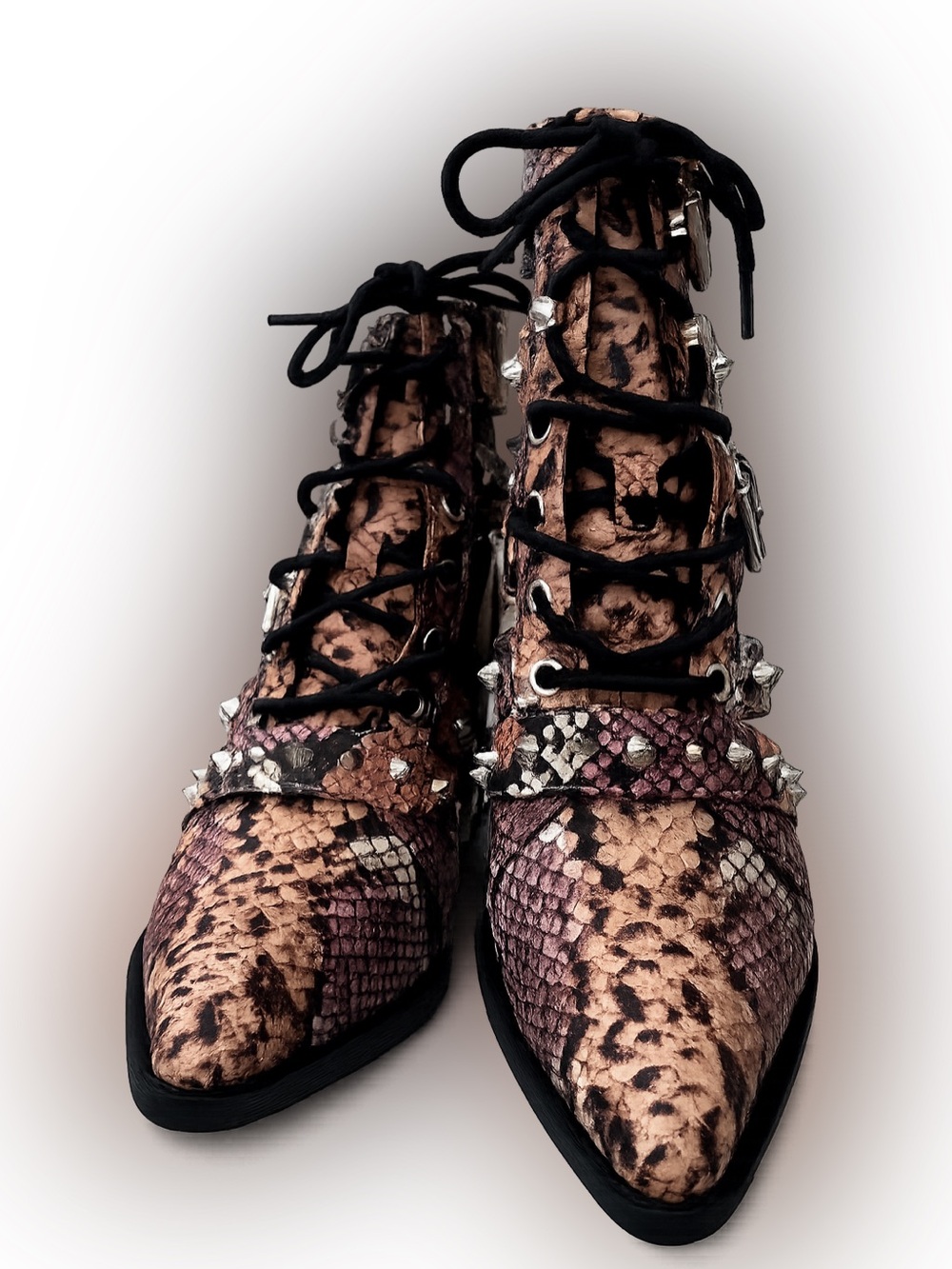 Sam Edelman Elana Snakeskin Print Cutout Lace-Up Studded Ankle Boots Block Heel - Picture 3 of 15